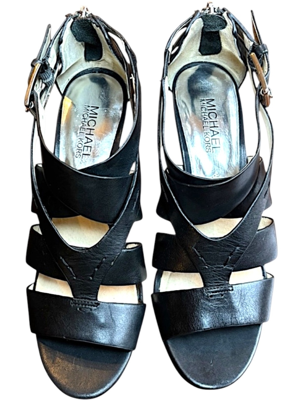 Michael Kors Black Leather Strappy Kitten Heel Sandals Size 8M